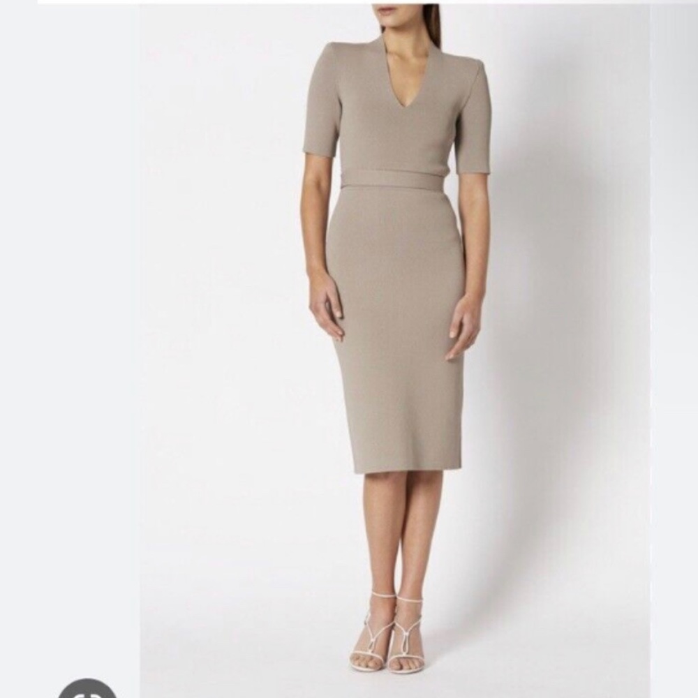 Scanlan Theodore crepe knit v neck dress in small grey/blue